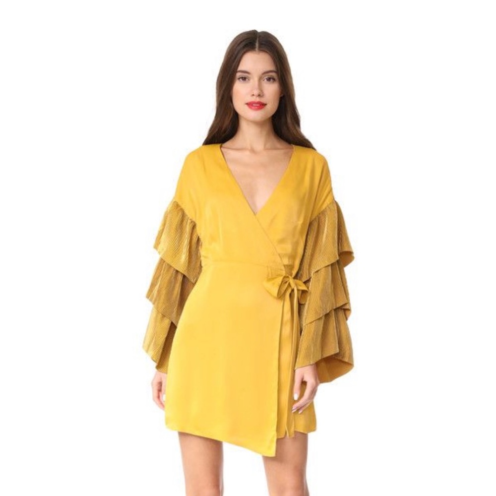 “Isla” Yellow Wrap Dress with Ruffle Sleeves